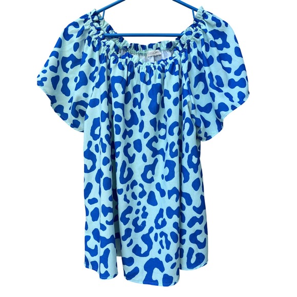 Cotton Bleu Tops - Cotton Bleu Womens Blue Leopard Print Off Shoulder Blouse Flutter Sleeve Large